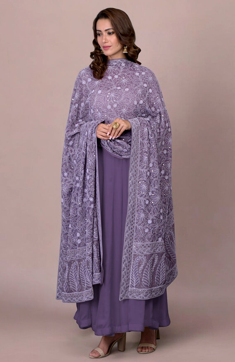 Mulled Grape Lucknowi Chikankari Hand Embroidered Pure Georgette Dupatta