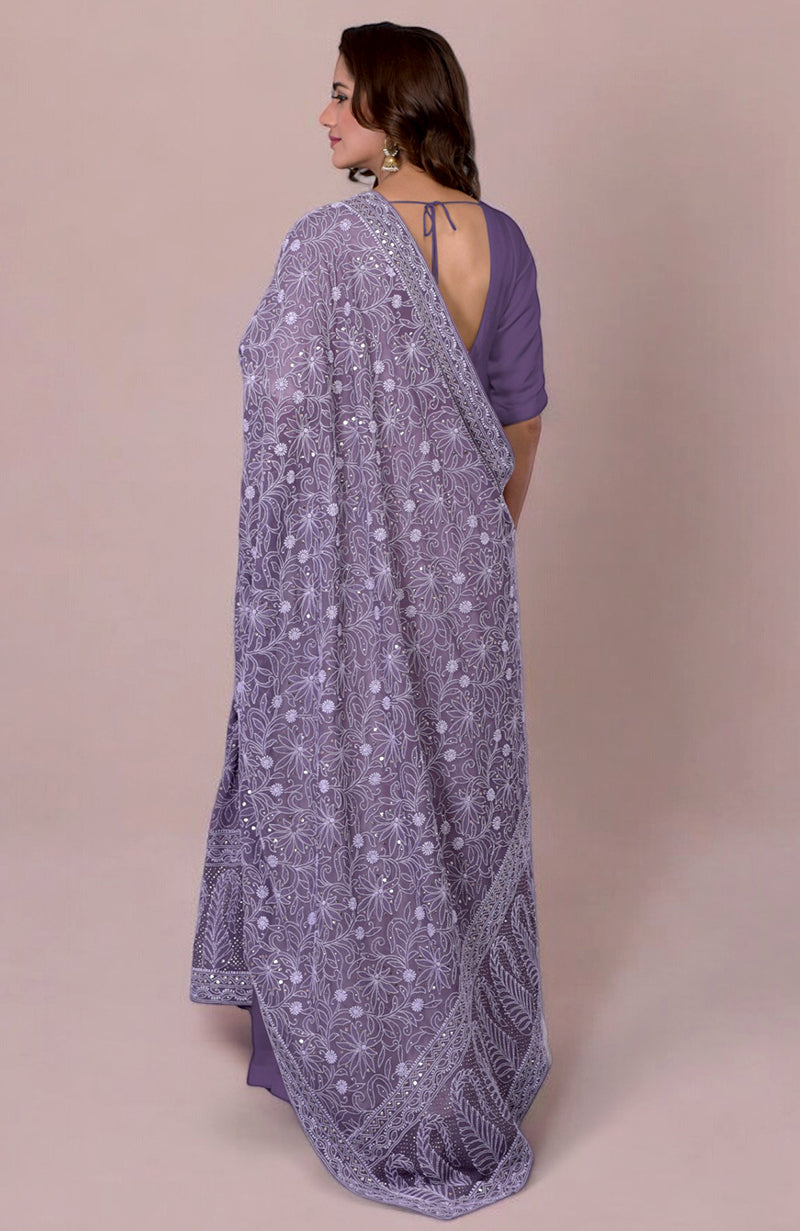 Mulled Grape Lucknowi Chikankari Hand Embroidered Pure Georgette Dupatta