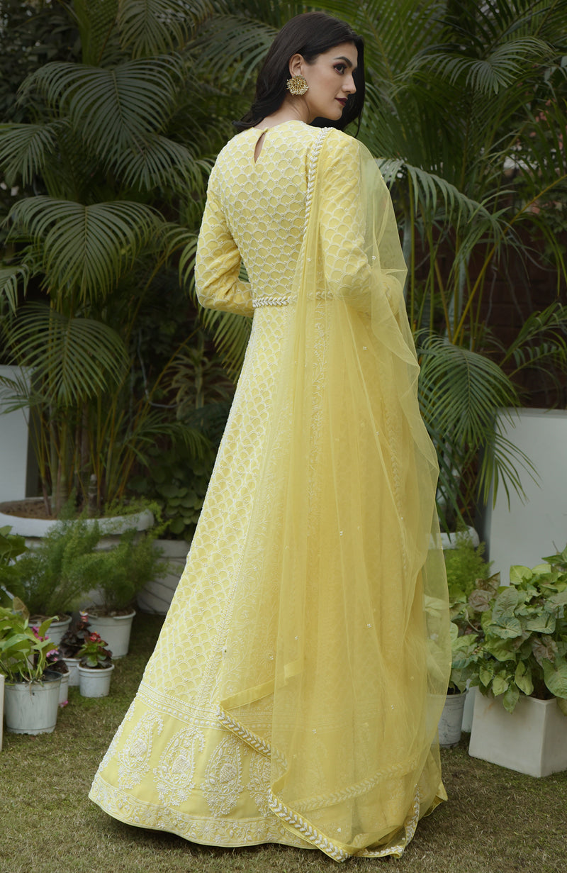 Illuminating Yellow Lucknowi Chikankari and Pearl Beads Hand Embroidered Anarkali Set