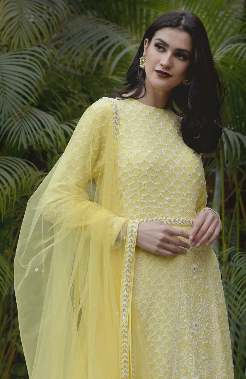 Illuminating Yellow Lucknowi Chikankari and Pearl Beads Hand Embroidered Anarkali Set