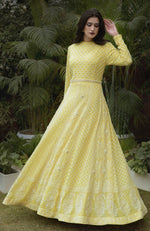 Illuminating Yellow Lucknowi Chikankari and Pearl Beads Hand Embroidered Anarkali Set