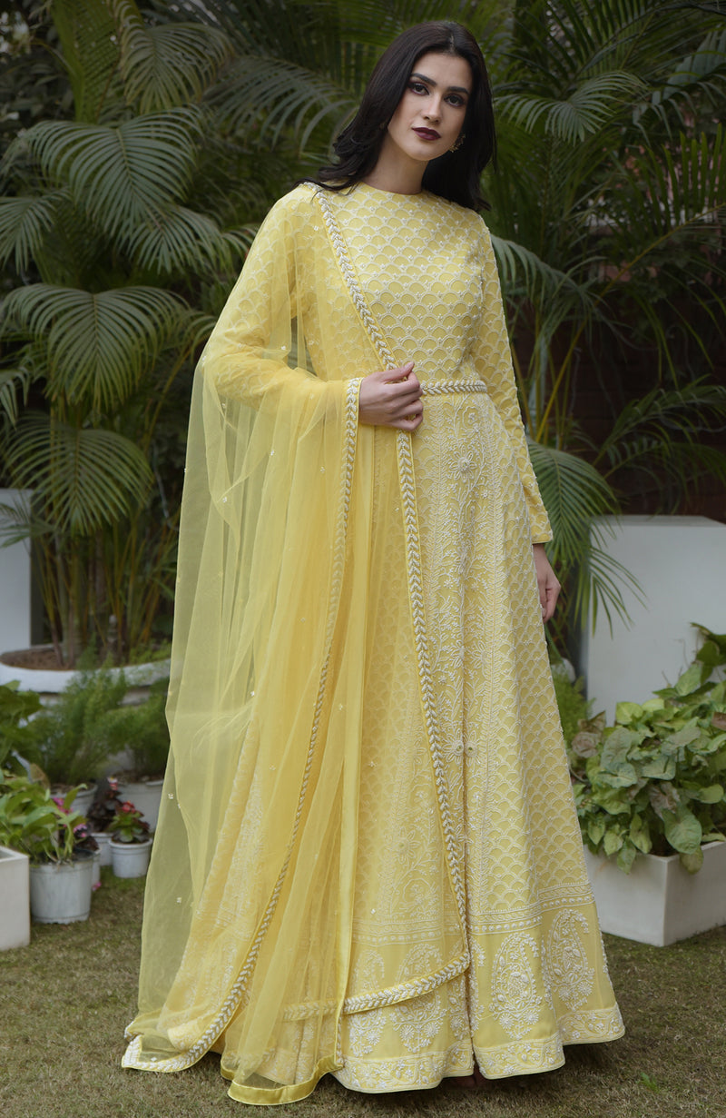 Illuminating Yellow Lucknowi Chikankari and Pearl Beads Hand Embroidered Anarkali Set