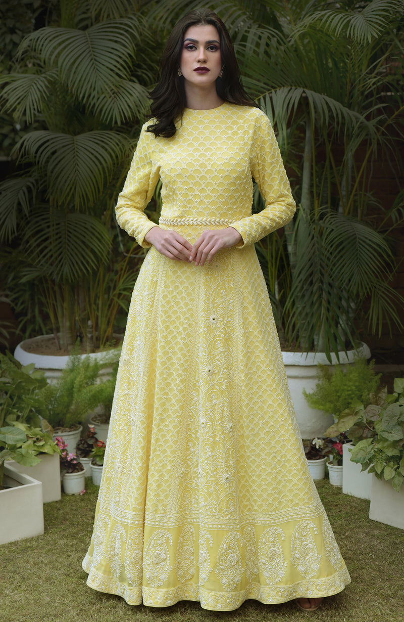 Illuminating Yellow Lucknowi Chikankari and Pearl Beads Hand Embroidered Anarkali Set