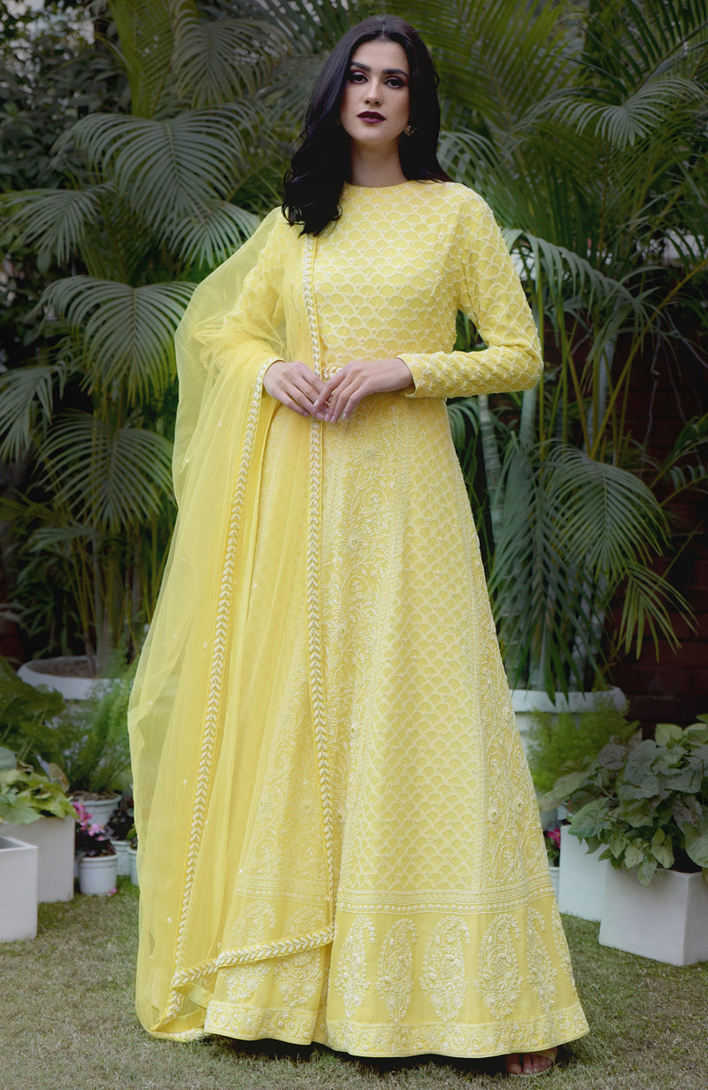 Illuminating Yellow Lucknowi Chikankari and Pearl Beads Hand Embroidered Anarkali Set