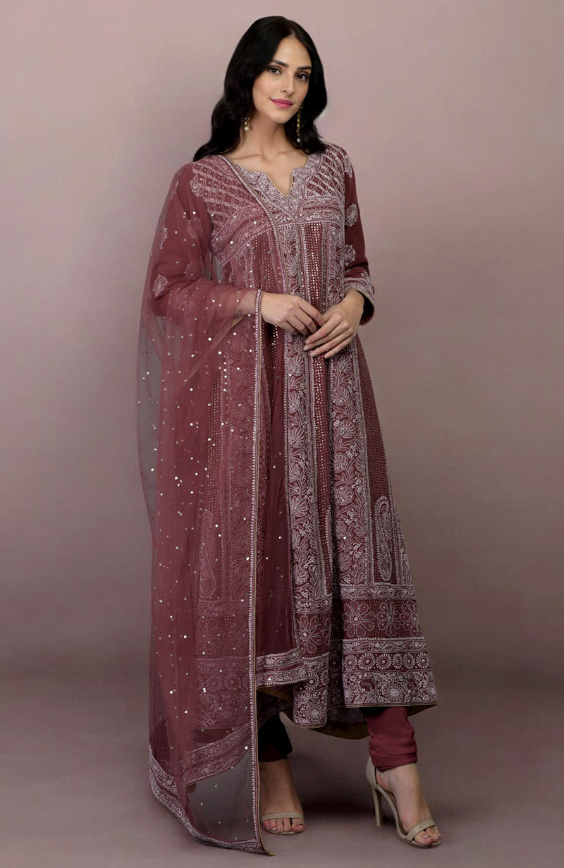 Wine Lucknowi Chikankari Hand Embroidered Anarkali Sets