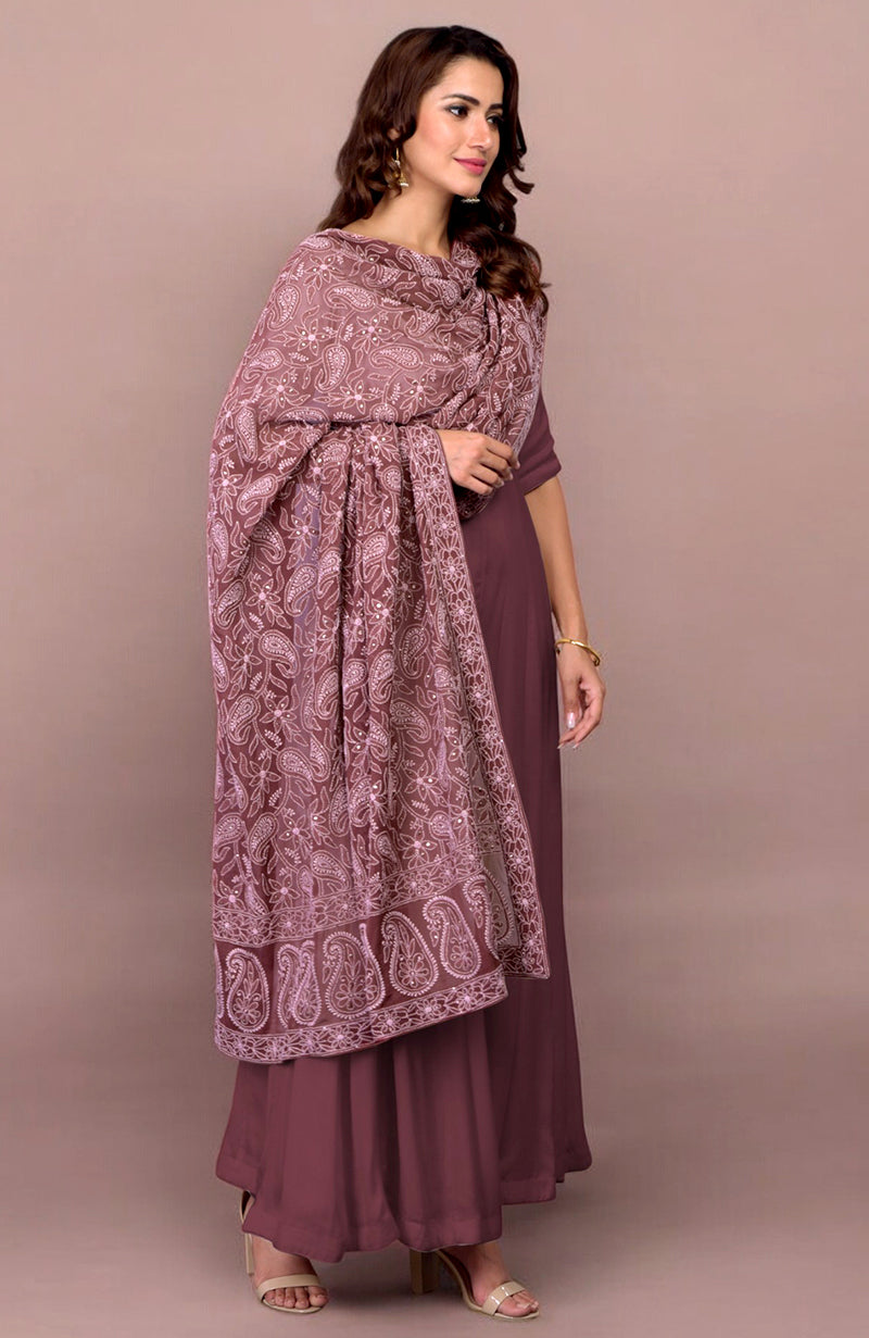 Wine Lucknowi Chikankari Hand Embroidered Dupatta and Suit