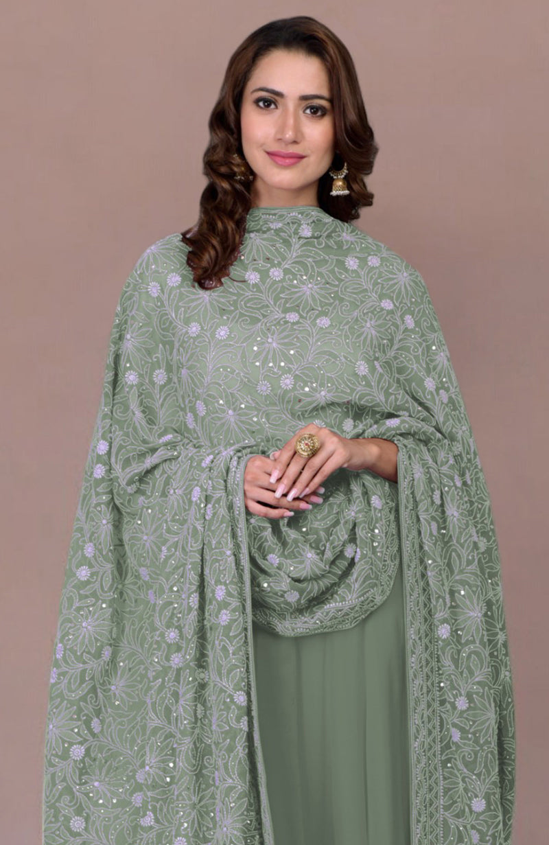 Desert Sage Chikankari And Kamdani Hand Embroidered Pure Georgette Dupatta