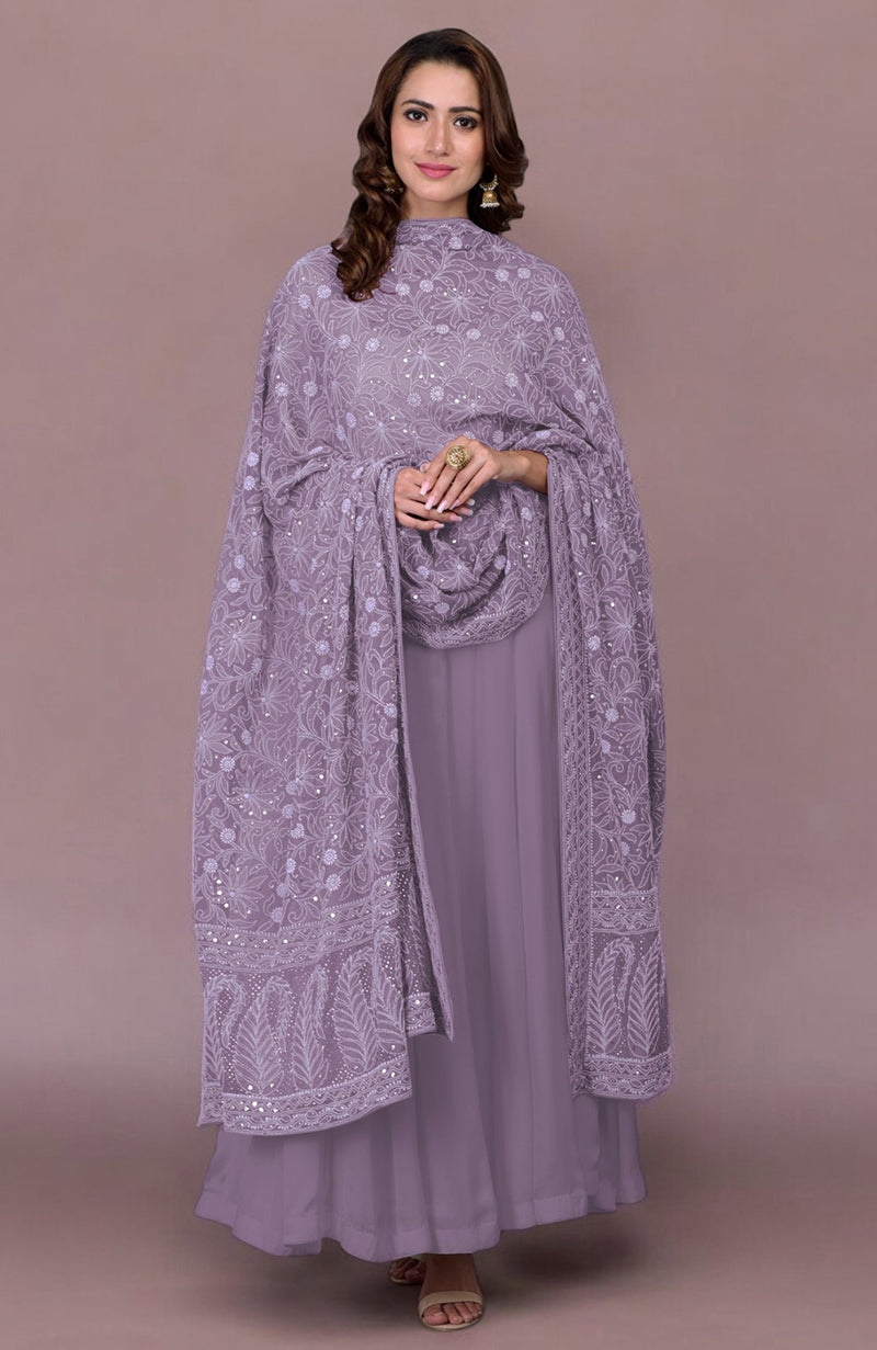 Elderberry Chikankari And Kamdani Hand Embroidered Pure Georgette Dupatta