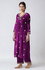 Berry Zari Sequin & Zardozi Embroidered Velvet Choga Kurta Set