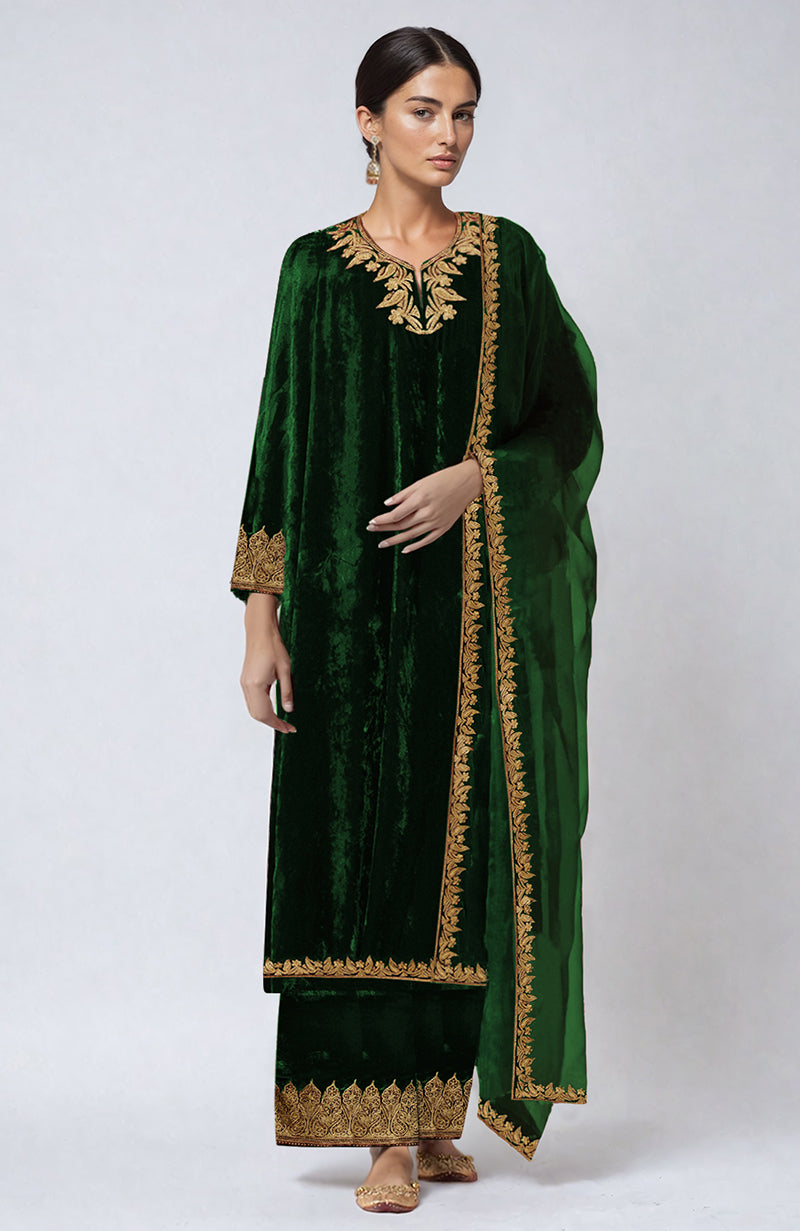 Emerald Green Kashmiri Tilla Aari Embroidered Palazzo Set