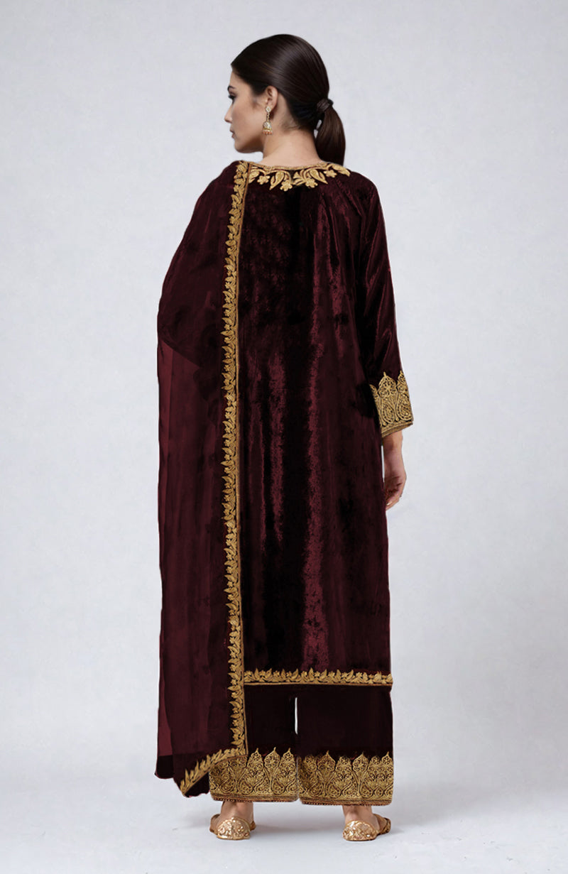 Maroon Kashmiri Tilla Aari Embroidered Palazzo Set