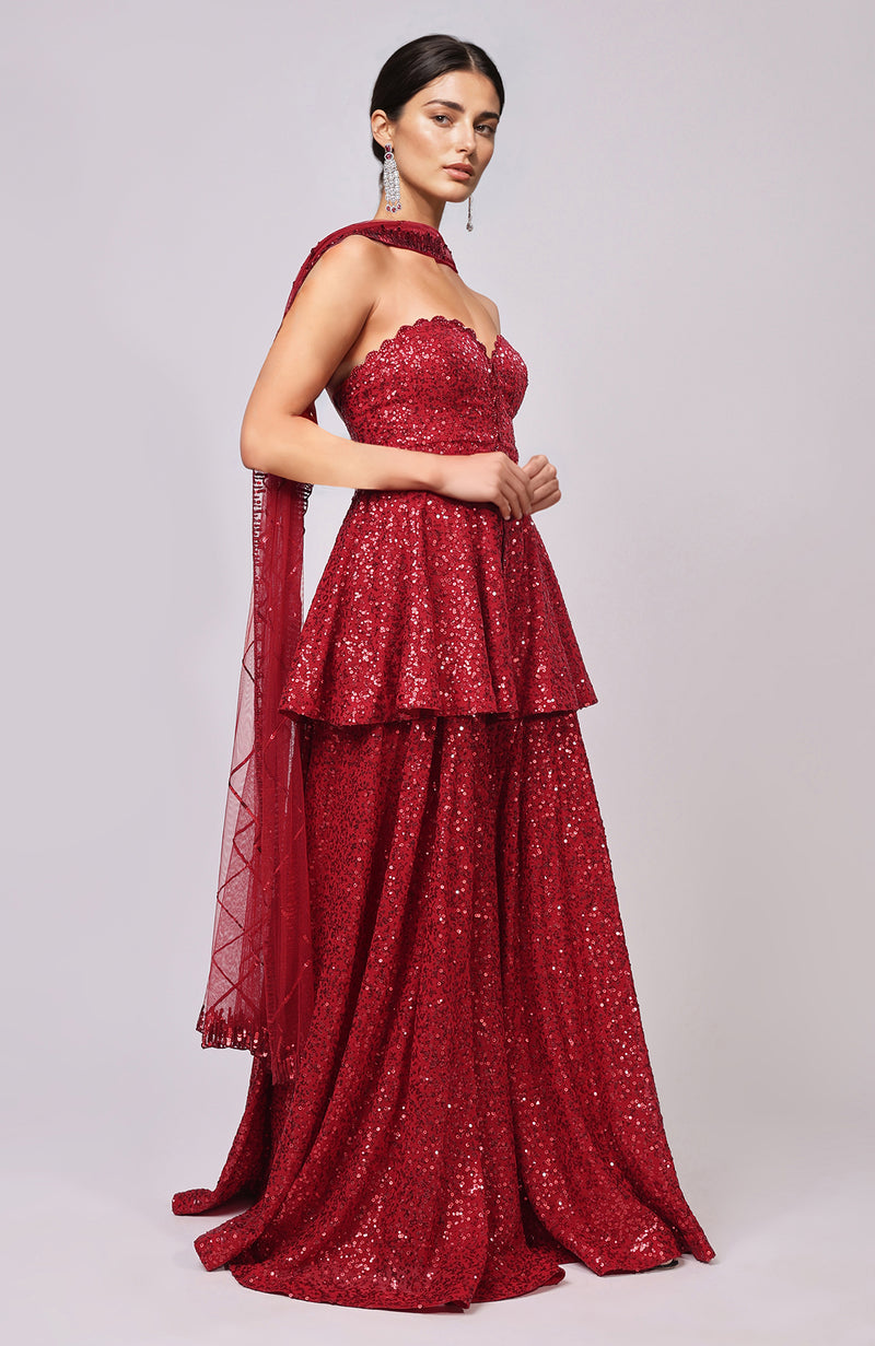 Red Sequin Embroidered Sharara Set