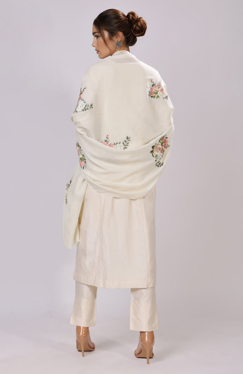 Ivory Parsi Gara Embroidered Shawl