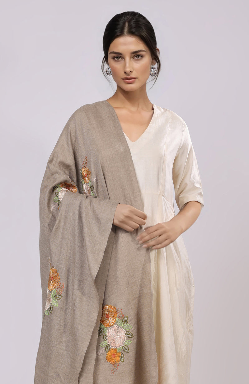 Beige Kashmir Bagh Floral Embroidered Shawl