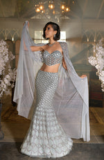 NAIRA Illusion Blue Crystal Hand Embroidered Mermaid Lehenga Set with Cape