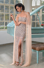 NAIRA-Nude Crystal & Beads Hand Embroidered Scalloped Gown with Cape