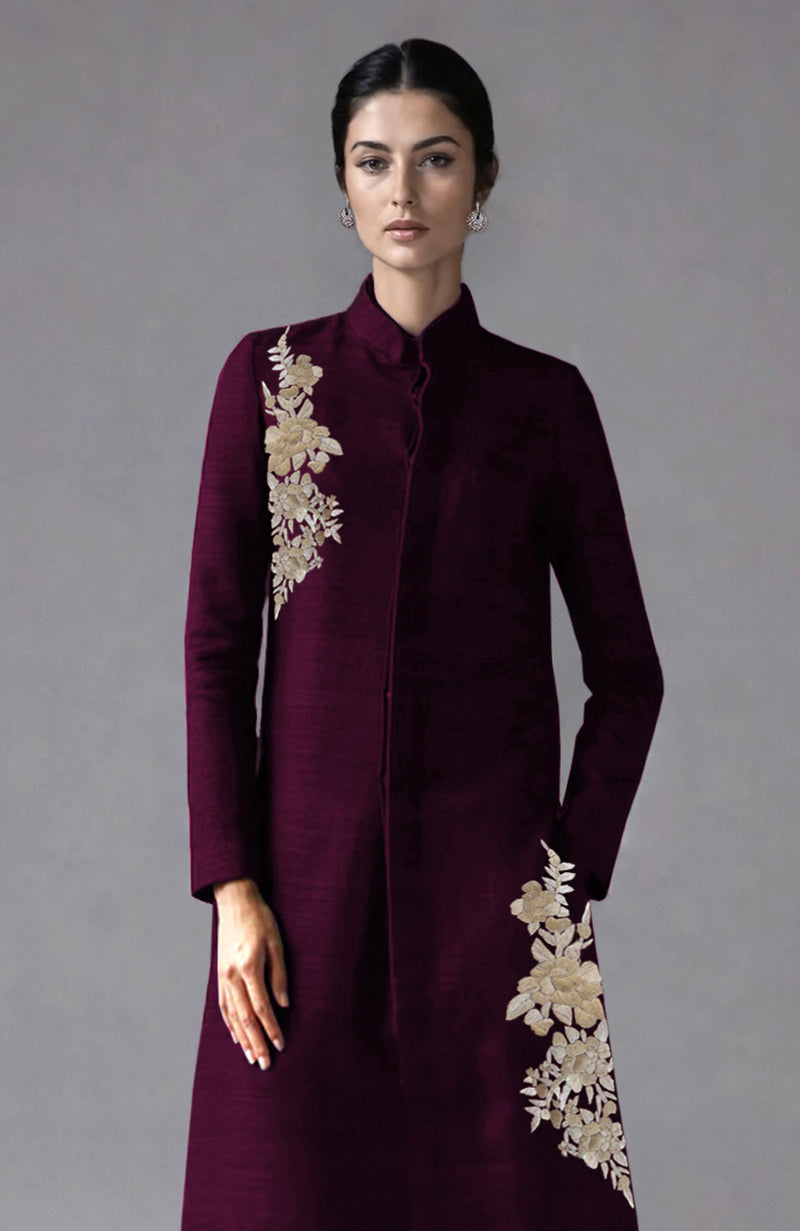 Wine Parsi Gara Embroidered Jacket Set