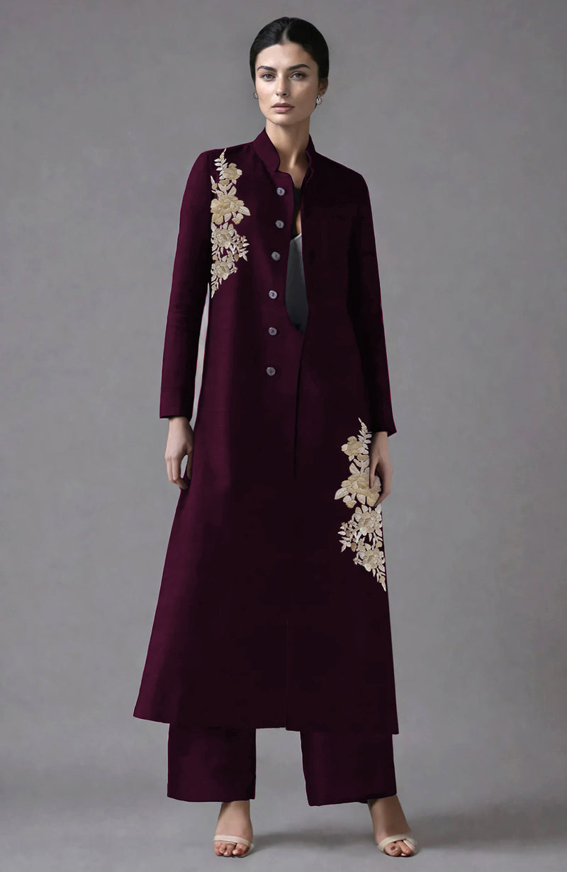 Wine Parsi Gara Embroidered Jacket Set