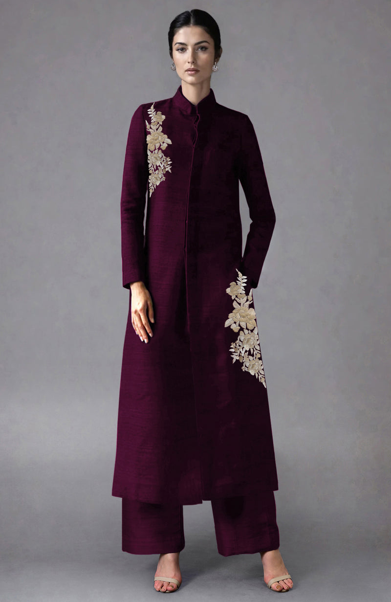 Wine Parsi Gara Embroidered Jacket Set