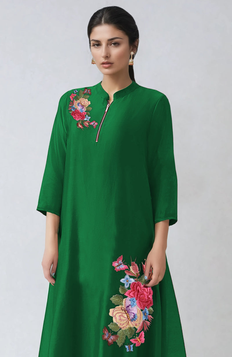 Green Parsi Gara Embroidered Kaftan