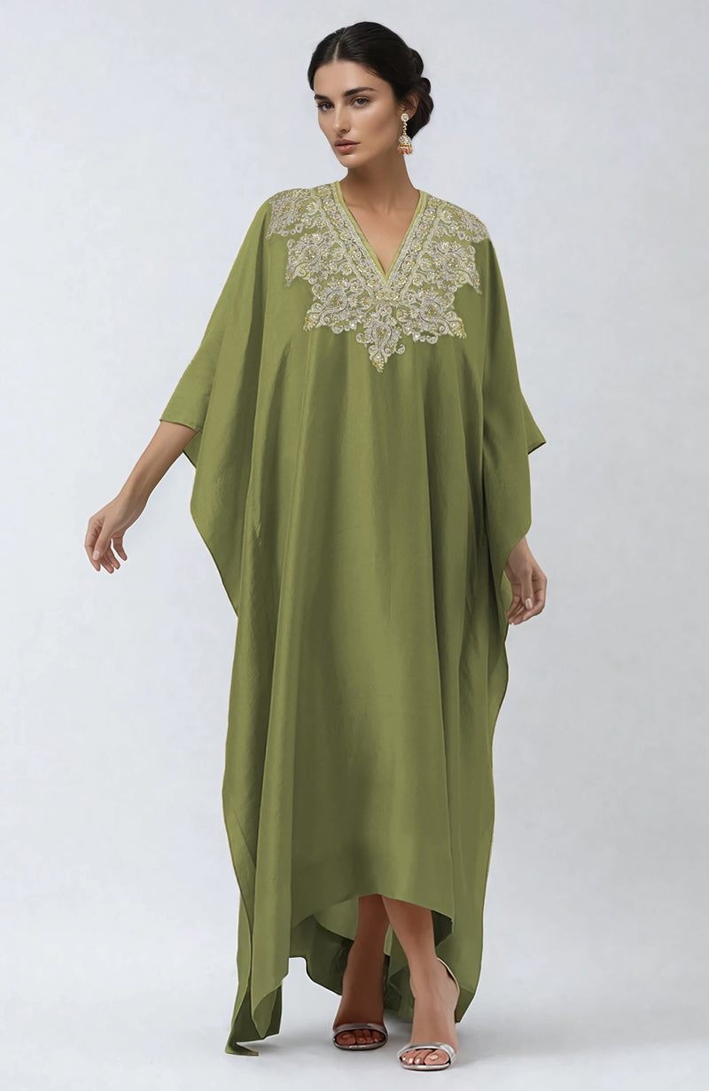 Bog Green Kashmiri Tilla & Zardozi Embroidered Kaftan