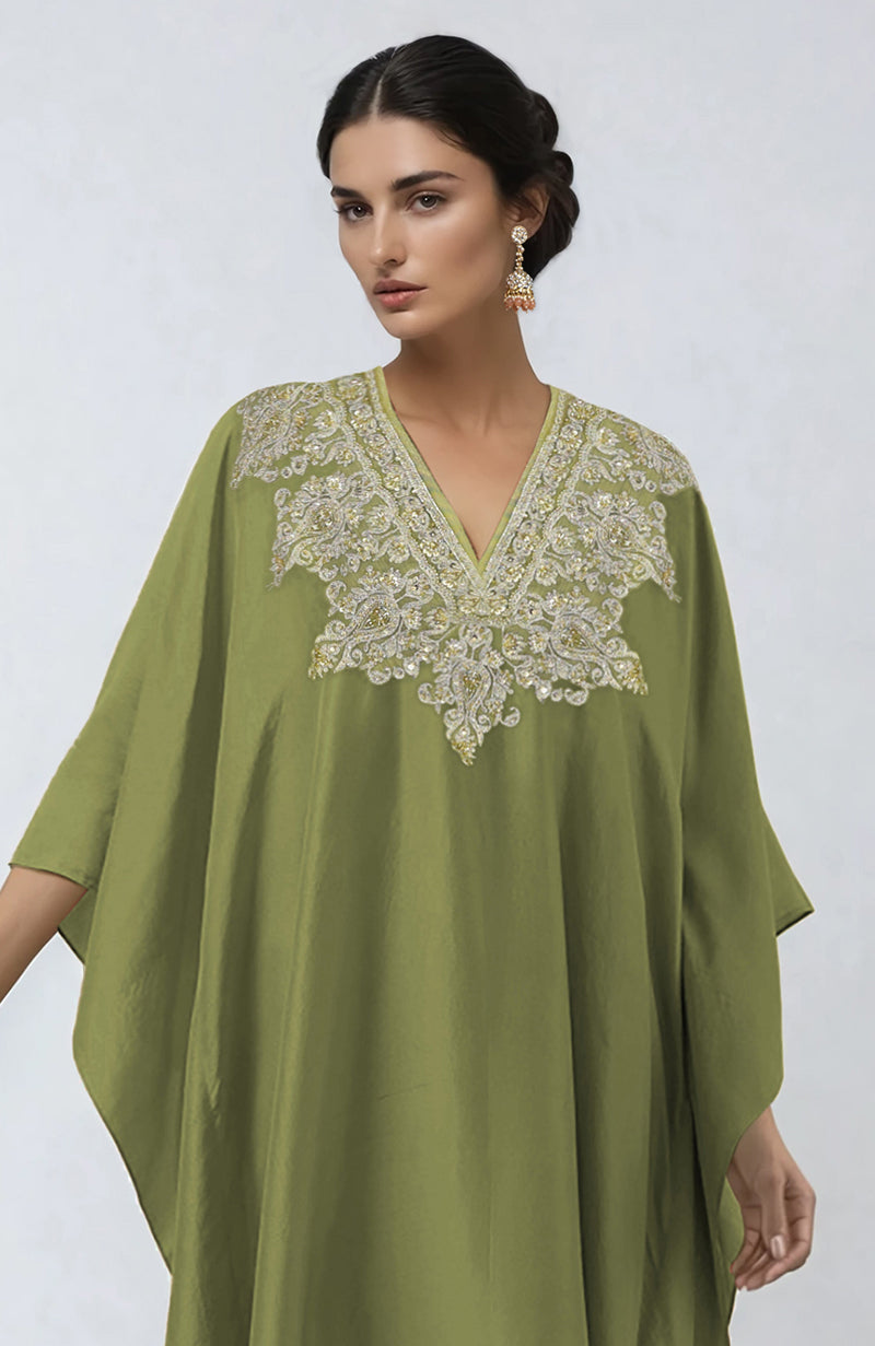 Bog Green Kashmiri Tilla & Zardozi Embroidered Kaftan