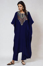 Midnight Blue Pure Wool Crepe Floral Resham-Papier Mache-Tilla Embroidered Kaftan set