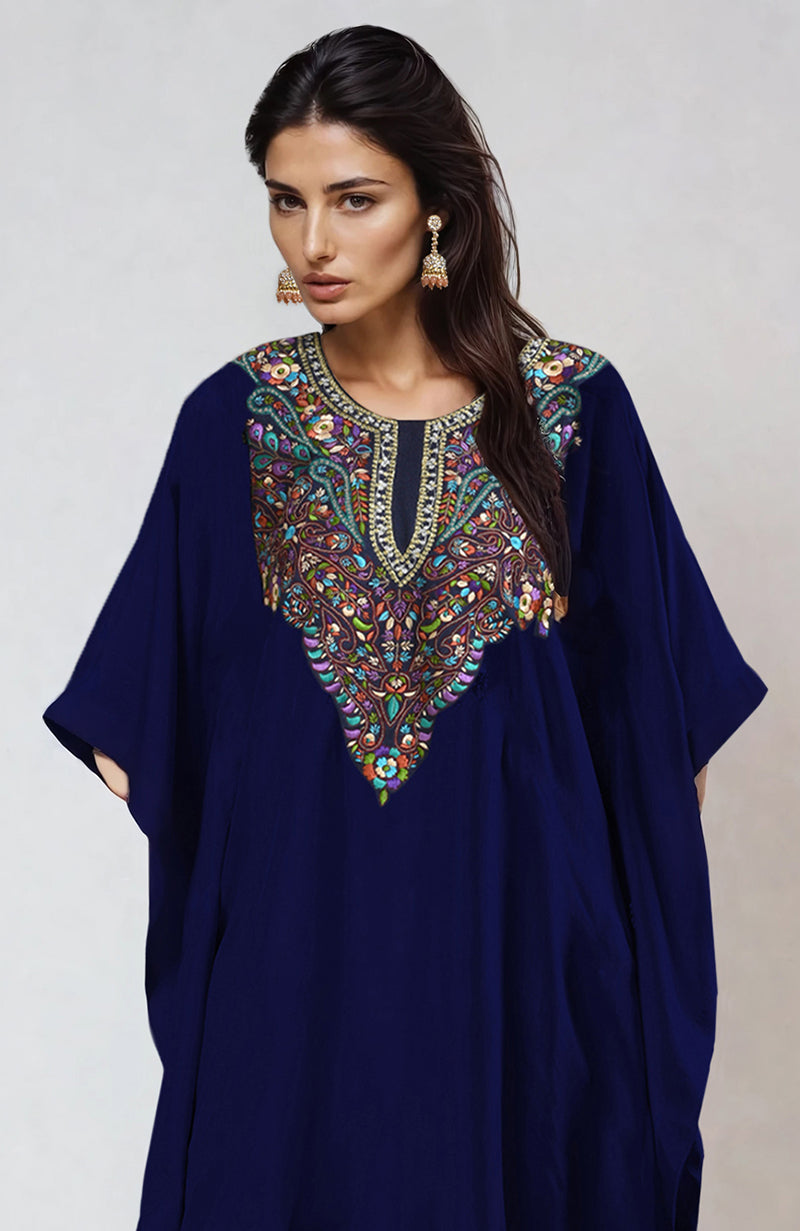 Midnight Blue Pure Wool Crepe Floral Resham-Papier Mache-Tilla Embroidered Kaftan set