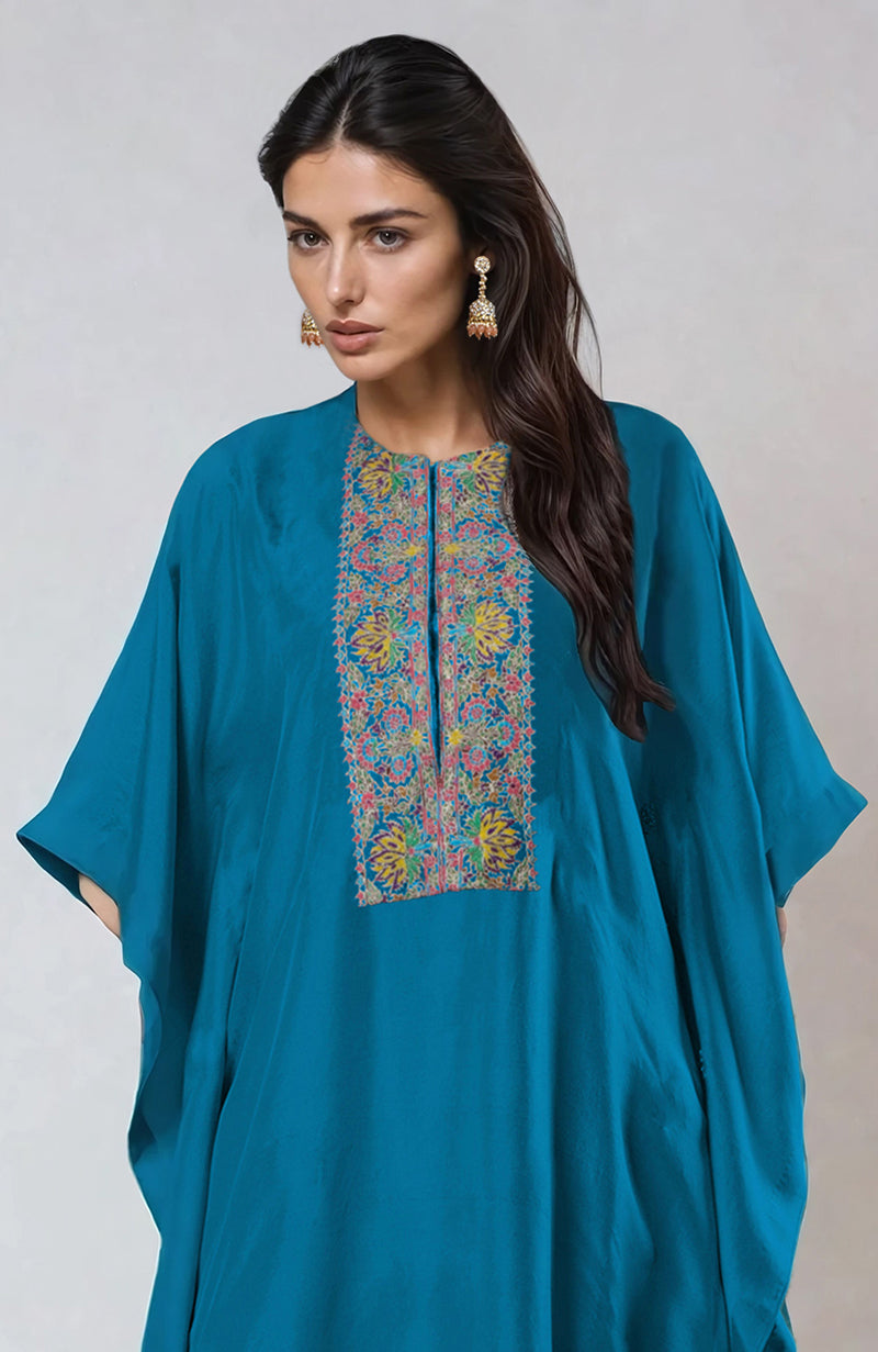 Seaport Blue Kashmiri Kashidakari Embroidered Kaftan set