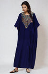 Midnight Blue Pure Wool Crepe Floral Resham-Papier Mache-Tilla Embroidered Kaftan