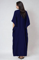 Midnight Blue Pure Wool Crepe Floral Resham-Papier Mache-Tilla Embroidered Kaftan