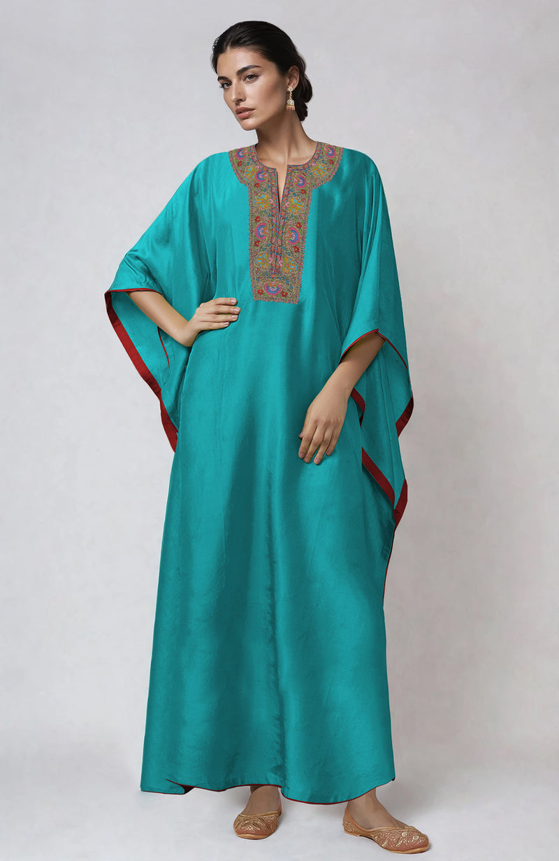 Viridian Green Kashmiri Kashidakari  Embroidered Kaftan