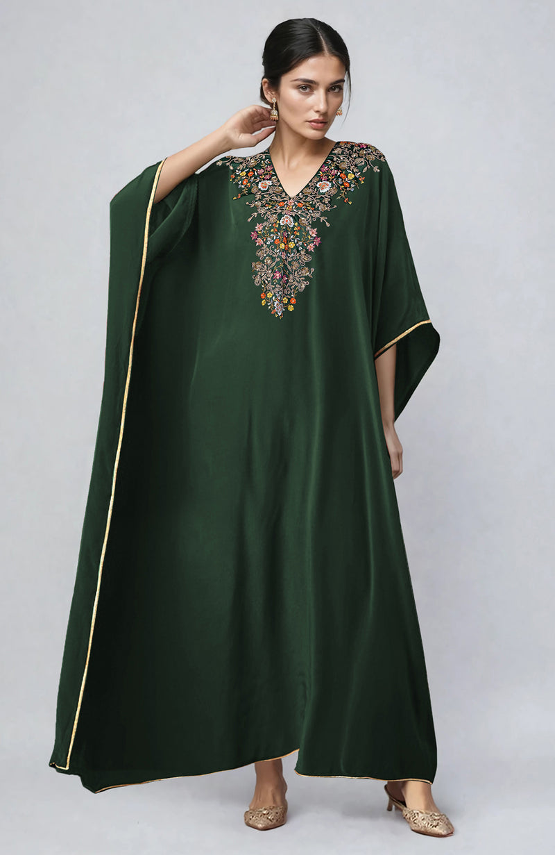 Bottle Green Marori & Resham Embroidered Kaftan