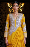 Mustard -Silver Embroidered Draped Skirt Set