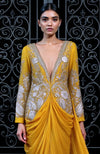 Mustard Draped Skirt Set with Silver & White Embroidery