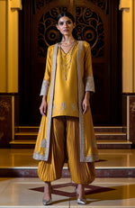 Mustard Yellow Silver Embroidered Jacket Dhoti Set