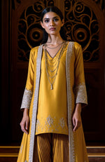 Mustard Yellow Silver Embroidered Jacket Dhoti Set