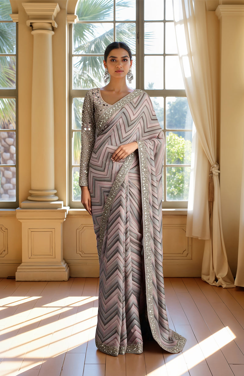 Pastel Bead Sequin and Mirror Embroidered Saree