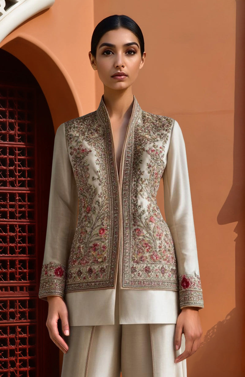 Champagne Embroidered Jacket & Wide-Leg Trousers Set