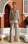 Champagne Embroidered Jacket & Wide-Leg Trousers Set