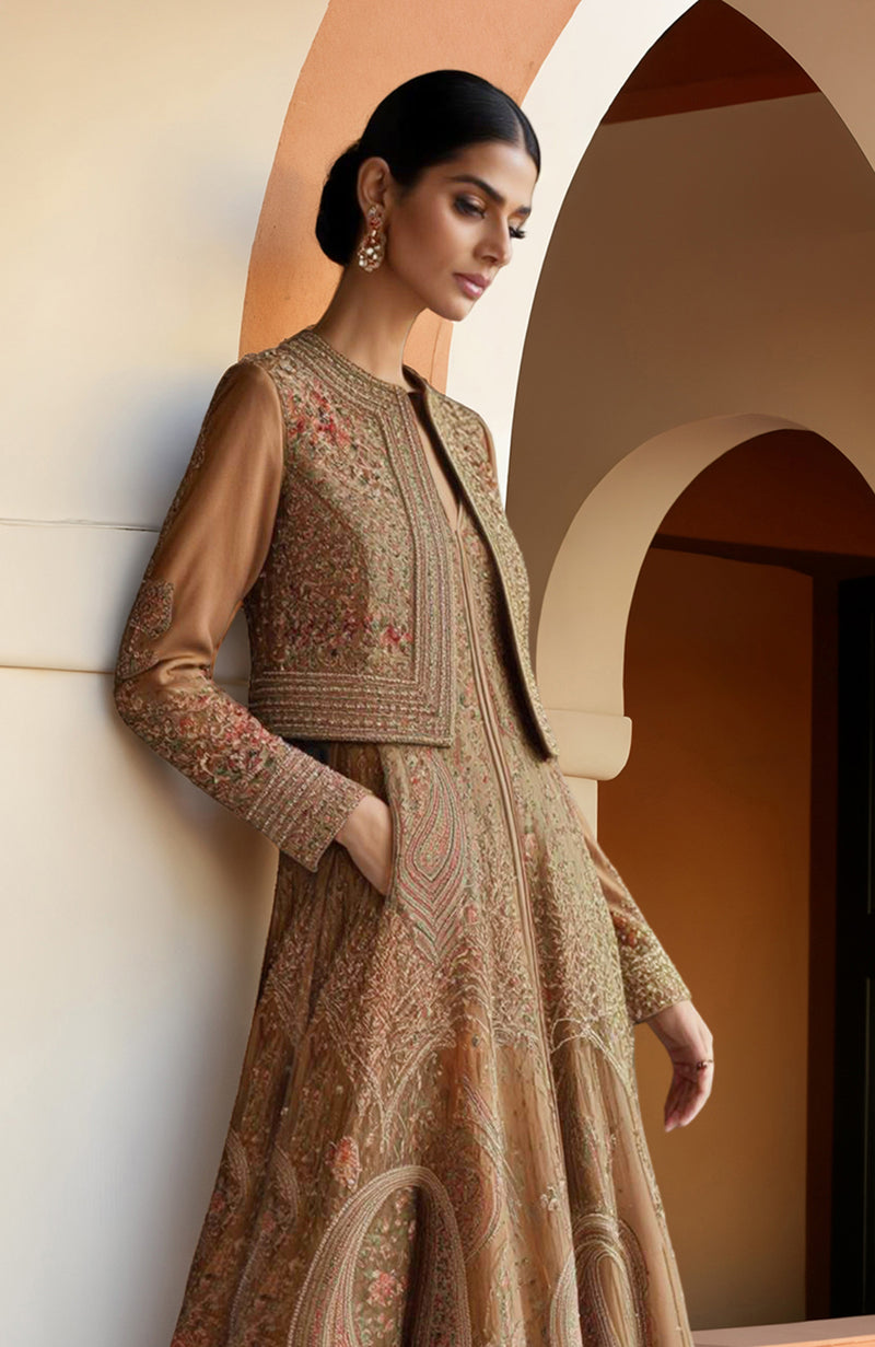 Earthy Brown Paisley Embroidered Anarkali Gown with Cropped Jacket