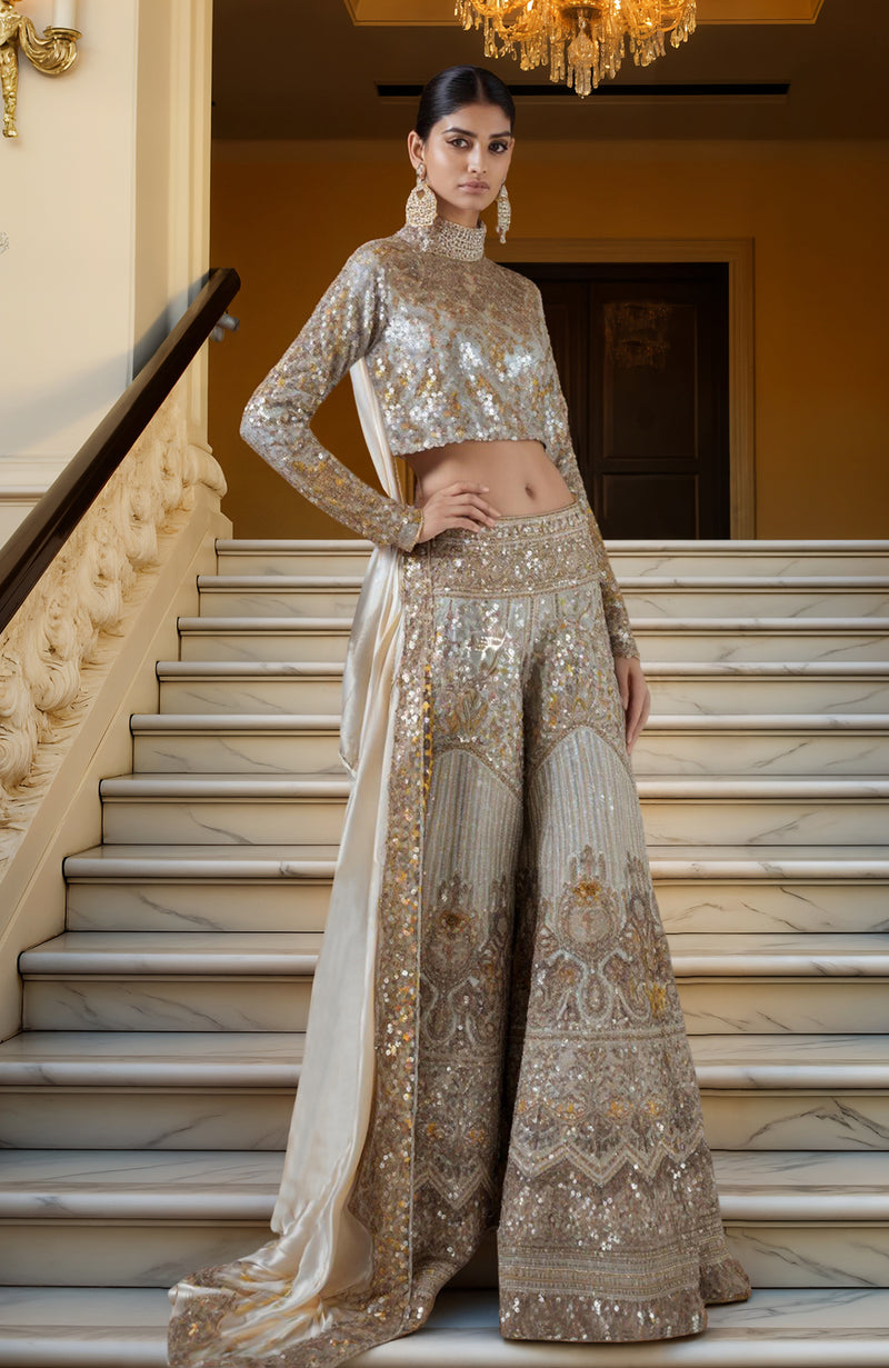 Royal Radiance Silver and Gold Sequin Hand Embroidered Sharara Set