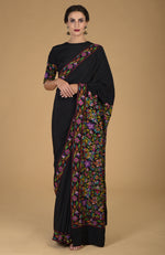 Black Kashmir Kani Art Embroidered Pure Crepe Silk Saree With Blouse