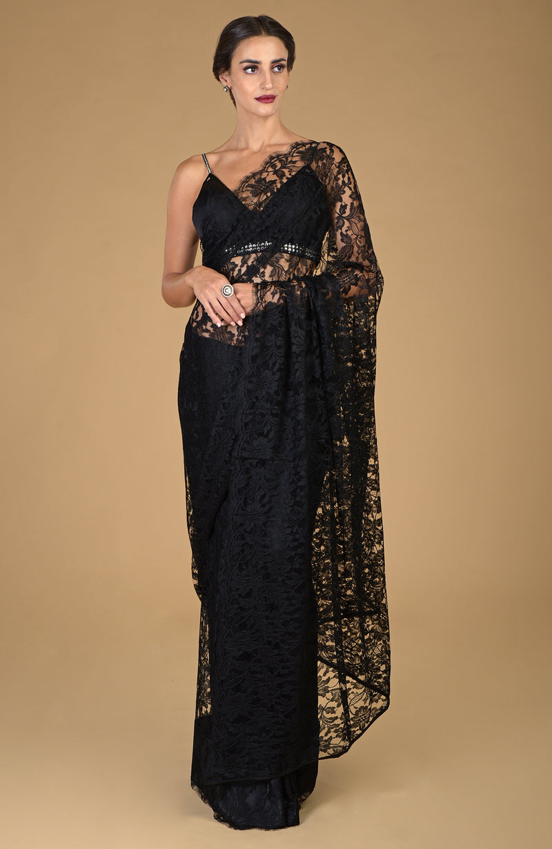 Black French Chantilly Lace Saree With Embellished Blouse