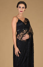 Black French Chantilly Lace Saree With Embellished Blouse