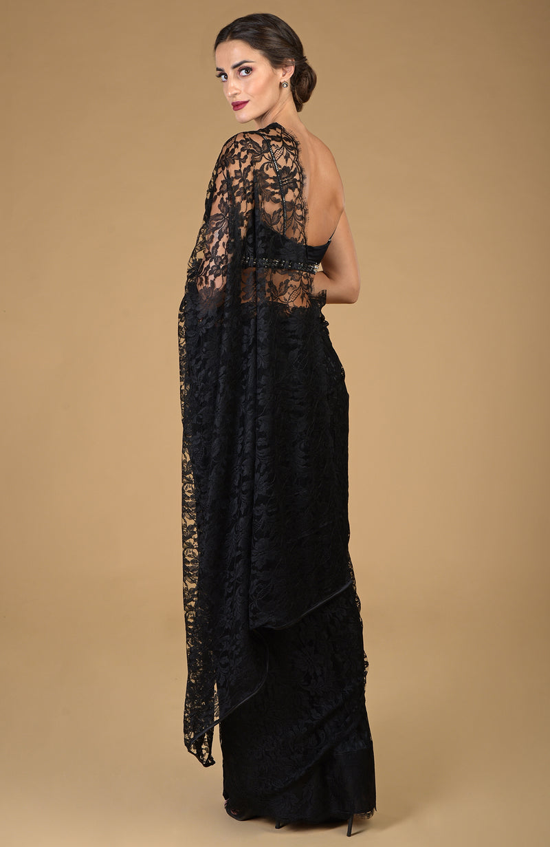 Black French Chantilly Lace Saree With Embellished Blouse