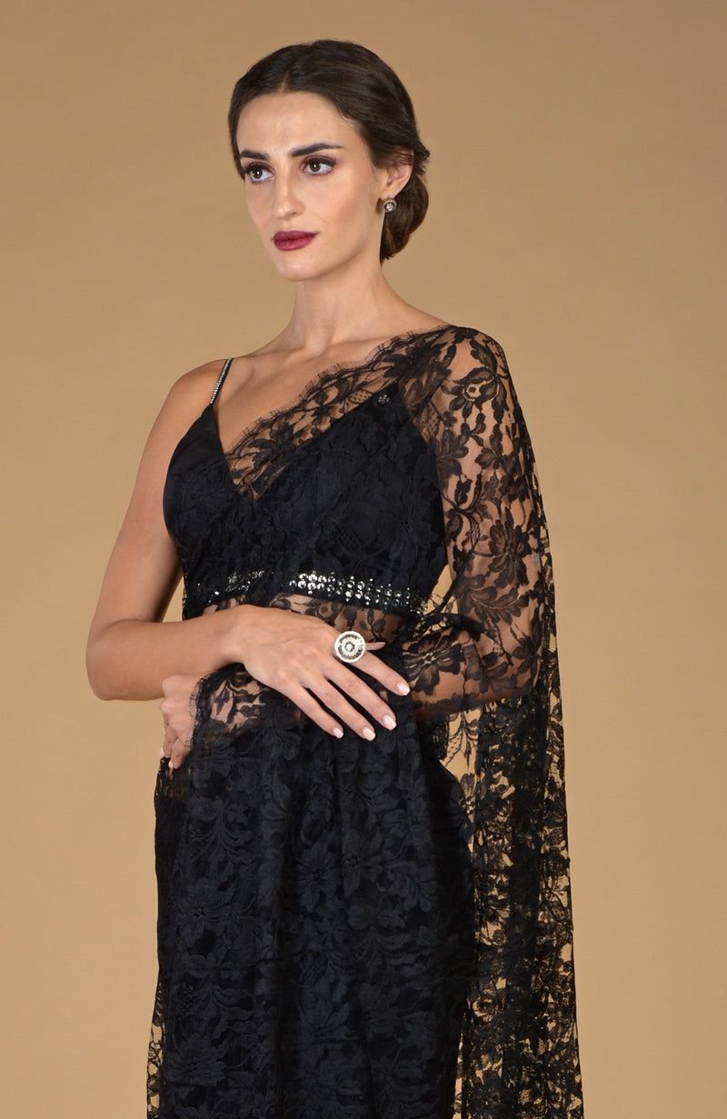 Black French Chantilly Lace Saree With Embellished Blouse