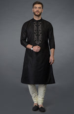 Ink Blue Silk Kurta With Floral Embroidered Placket Detail