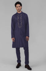 Ink Blue Silk Kurta With Floral Embroidered Placket Detail