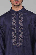 Ink Blue Silk Kurta With Floral Embroidered Placket Detail